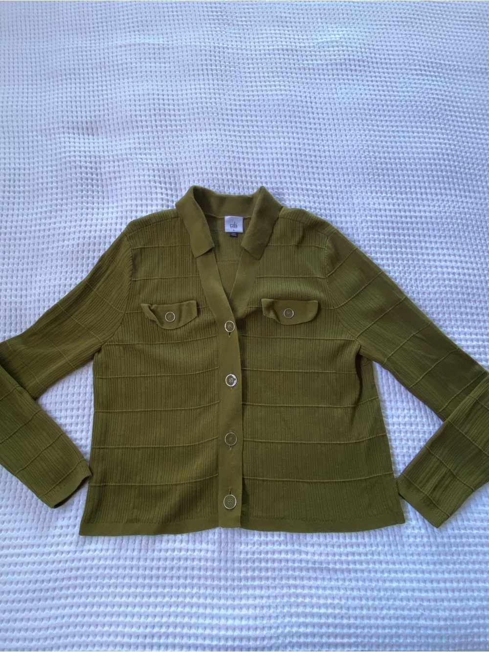 Cabi Exec Cardigan #4470 Olive Green Ribbed Button-Up Cardigan - Picture 3 of 14